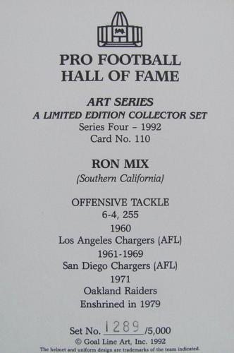 1992 Goal Line Hall of Fame Art Collection #110 Ron Mix Back