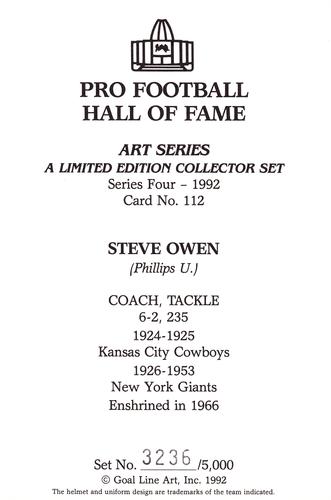 1992 Goal Line Hall of Fame Art Collection #112 Steve Owen Back
