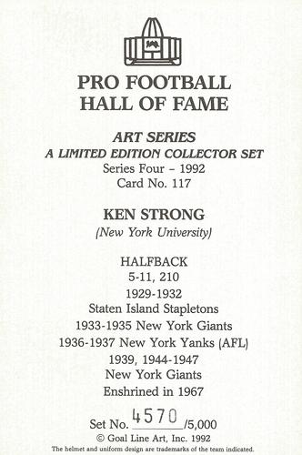 1992 Goal Line Hall of Fame Art Collection #117 Ken Strong Back