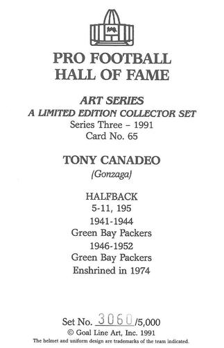 1991 Goal Line Hall of Fame Art Collection #65 Tony Canadeo Back