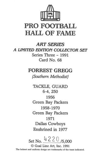 1991 Goal Line Hall of Fame Art Collection #68 Forrest Gregg Back