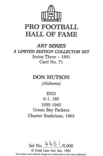 1991 Goal Line Hall of Fame Art Collection #71 Don Hutson Back