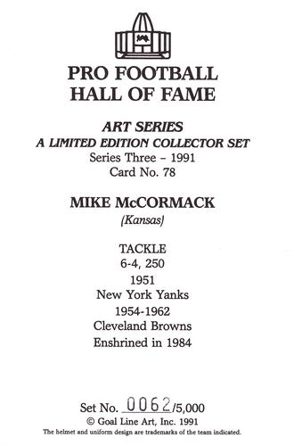 1991 Goal Line Hall of Fame Art Collection #78 Mike McCormack Back