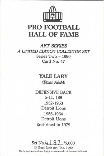1990 Goal Line Hall of Fame Art Collection #47 Yale Lary Back