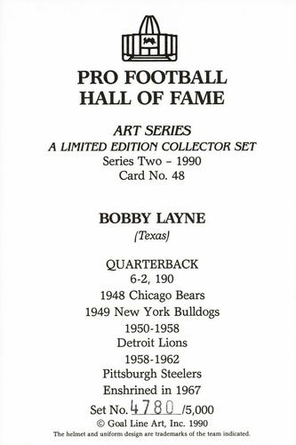 1990 Goal Line Hall of Fame Art Collection #48 Bobby Layne Back
