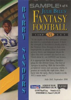 1994 Playoff - Julie Bell's Fantasy Football Samples #4 Barry Sanders Back