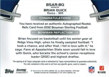 2012 Bowman Sterling - Autographed Rookie Relics Blue Refractors #BSAR-BQ Brian Quick Back