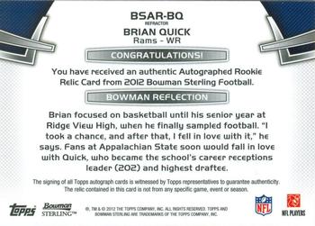 2012 Bowman Sterling - Autographed Rookie Relics Prism Refractors #BSAR-BQ Brian Quick Back