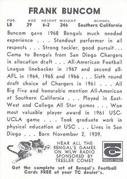 1969 Tresler Comet Cincinnati Bengals #NNO Frank Buncom Back