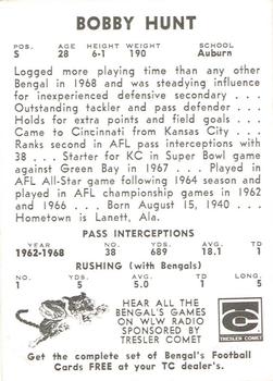 1969 Tresler Comet Cincinnati Bengals #NNO Bobby Hunt Back