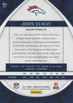2017 Panini Immaculate Collection #31 John Elway Back
