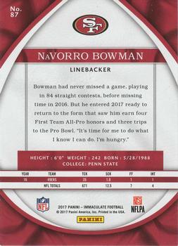 2017 Panini Immaculate Collection #87 Navorro Bowman Back