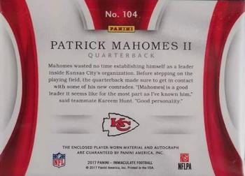 2017 Panini Immaculate Collection #104 Patrick Mahomes II Back