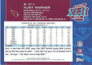 2008 Topps Arizona Cardinals Super Bowl XLII Card Show #4 Kurt Warner Back