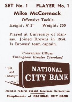 1961 National City Bank Cleveland Browns - Set No. 1 #1 Mike McCormack Back