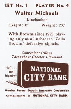 1961 National City Bank Cleveland Browns - Set No. 1 #4 Walt Michaels Back