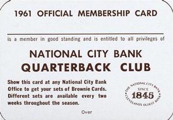 1961 National City Bank Cleveland Browns - Set No. 1 #NNO Quarterback Club Membership Card Front