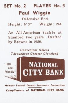 1961 National City Bank Cleveland Browns - Set No. 2 #5 Paul Wiggin Back