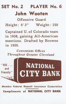 1961 National City Bank Cleveland Browns - Set No. 2 #6 John Wooten Back