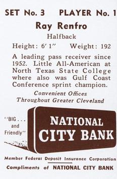 1961 National City Bank Cleveland Browns - Set No. 3 #1 Ray Renfro Back