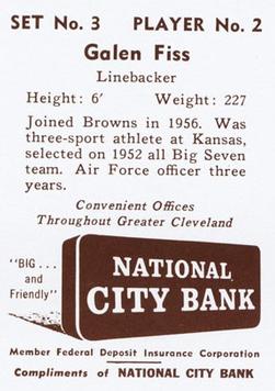 1961 National City Bank Cleveland Browns - Set No. 3 #2 Galen Fiss Back