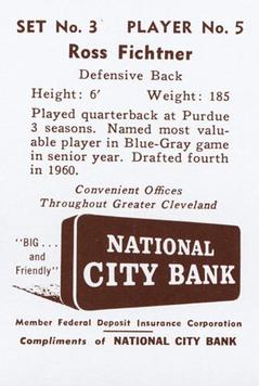 1961 National City Bank Cleveland Browns - Set No. 3 #5 Ross Fichtner Back