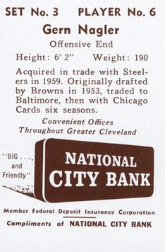 1961 National City Bank Cleveland Browns - Set No. 3 #6 Gern Nagler Back