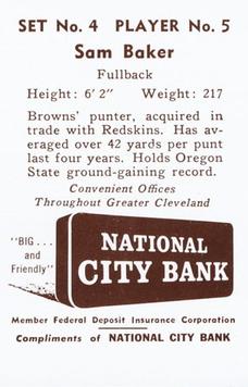 1961 National City Bank Cleveland Browns - Set No. 4 #5 Sam Baker Back