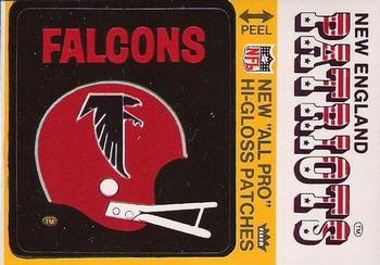 1976 Fleer Football Patches - High Gloss #NNO Atlanta Falcons Helmet / New England Patriots Name Front