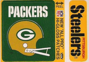 1976 Fleer Football Patches - High Gloss #NNO Green Bay Packers Helmet / Pittsburgh Steelers Name Front