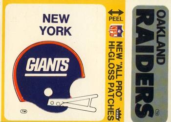 1976 Fleer Football Patches - High Gloss #NNO New York Giants Helmet / Oakland Raiders Name Front