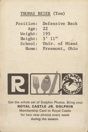 1967 Royal Castle Miami Dolphins #NNO Tom Beier Back