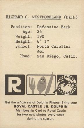 1967 Royal Castle Miami Dolphins #NNO Dick Westmoreland Back