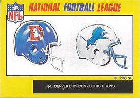 1988 Monty Gum NFL #84 Broncos and Lions helmets Front