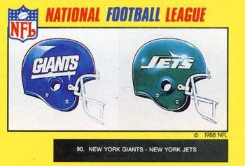 1988 Monty Gum NFL - Paper #90 Giants and Jets helmets Front