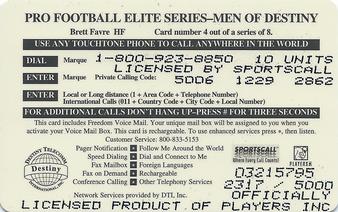 1997 Destiny Telecom Pro Football Elite Series Men of Destiny - Headed for the Hall of Fame #4 Brett Favre Back