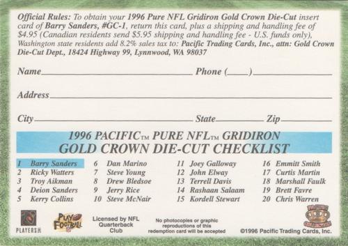 1996 Pacific Gridiron - Gold Crown Die Cut Redemption #GC-1 Barry Sanders Back