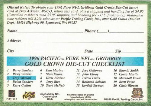 1996 Pacific Gridiron - Gold Crown Die Cut Redemption #GC-3 Troy Aikman Back