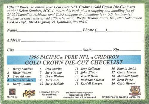 1996 Pacific Gridiron - Gold Crown Die Cut Redemption #GC-4 Deion Sanders Back
