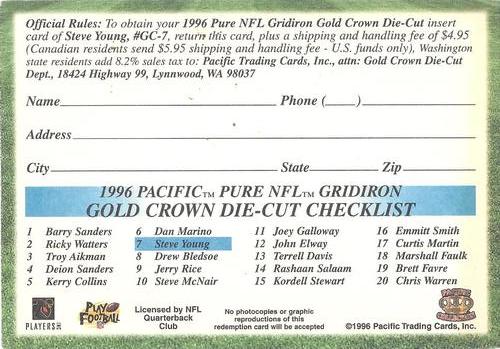 1996 Pacific Gridiron - Gold Crown Die Cut Redemption #GC-7 Steve Young Back