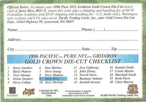 1996 Pacific Gridiron - Gold Crown Die Cut Redemption #GC-9 Jerry Rice Back