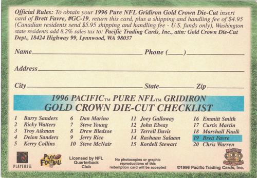 1996 Pacific Gridiron - Gold Crown Die Cut Redemption #GC-19 Brett Favre Back