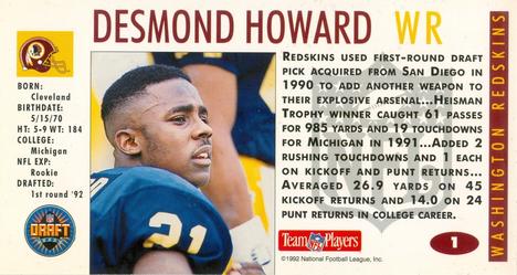 1992 GameDay - Draft Day Collectibles Promos #1 Desmond Howard Back