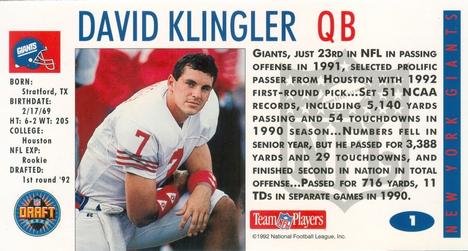 1992 GameDay - Draft Day Collectibles Promos #1 David Klingler Back