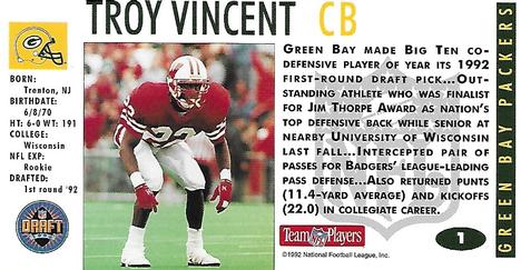 1992 GameDay - Draft Day Collectibles Promos #1 Troy Vincent Back