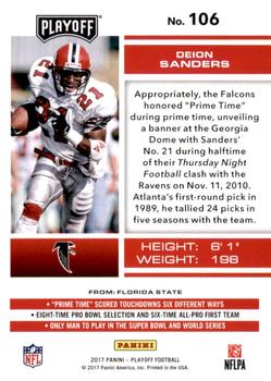 2017 Panini Playoff - Red Zone #106 Deion Sanders Back