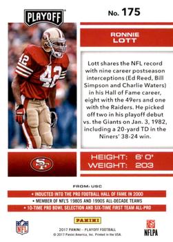 2017 Panini Playoff - Red Zone #175 Ronnie Lott Back