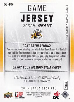 2015 Upper Deck CFL - Game Jersey #GJ-BG Bakari Grant Back