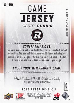 2015 Upper Deck CFL - Game Jersey #GJ-HB Henry Burris Back