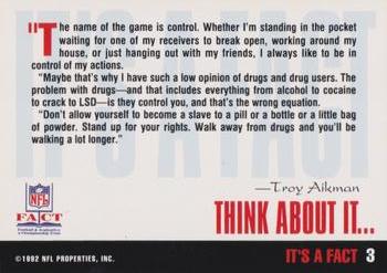 1992 NFL Properties FACT #3 Troy Aikman Back